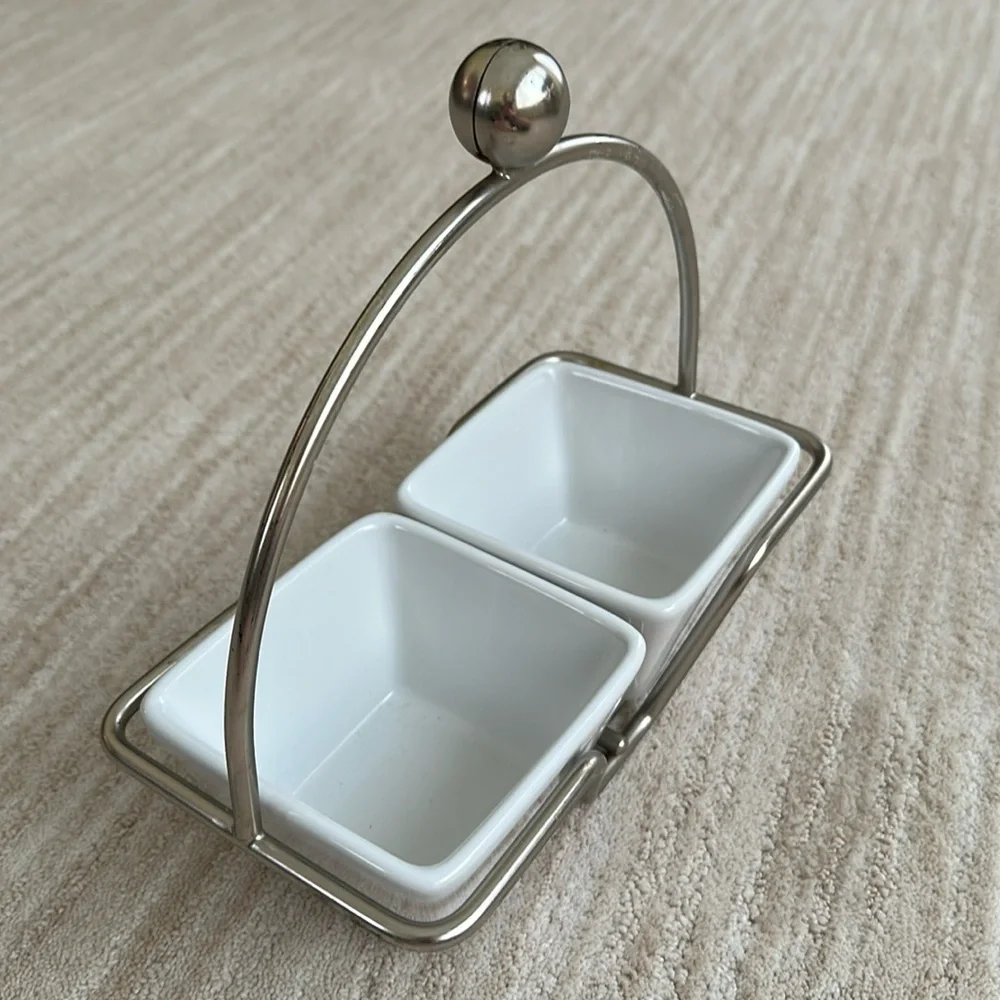PAMPERED CHEF Simple Additions Brushed Silver Caddy w/ 2 Square White Bowls